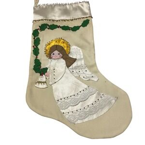 Handmade‎ Satin Angel Christmas stocking, Cream, Gold .15" 1980s